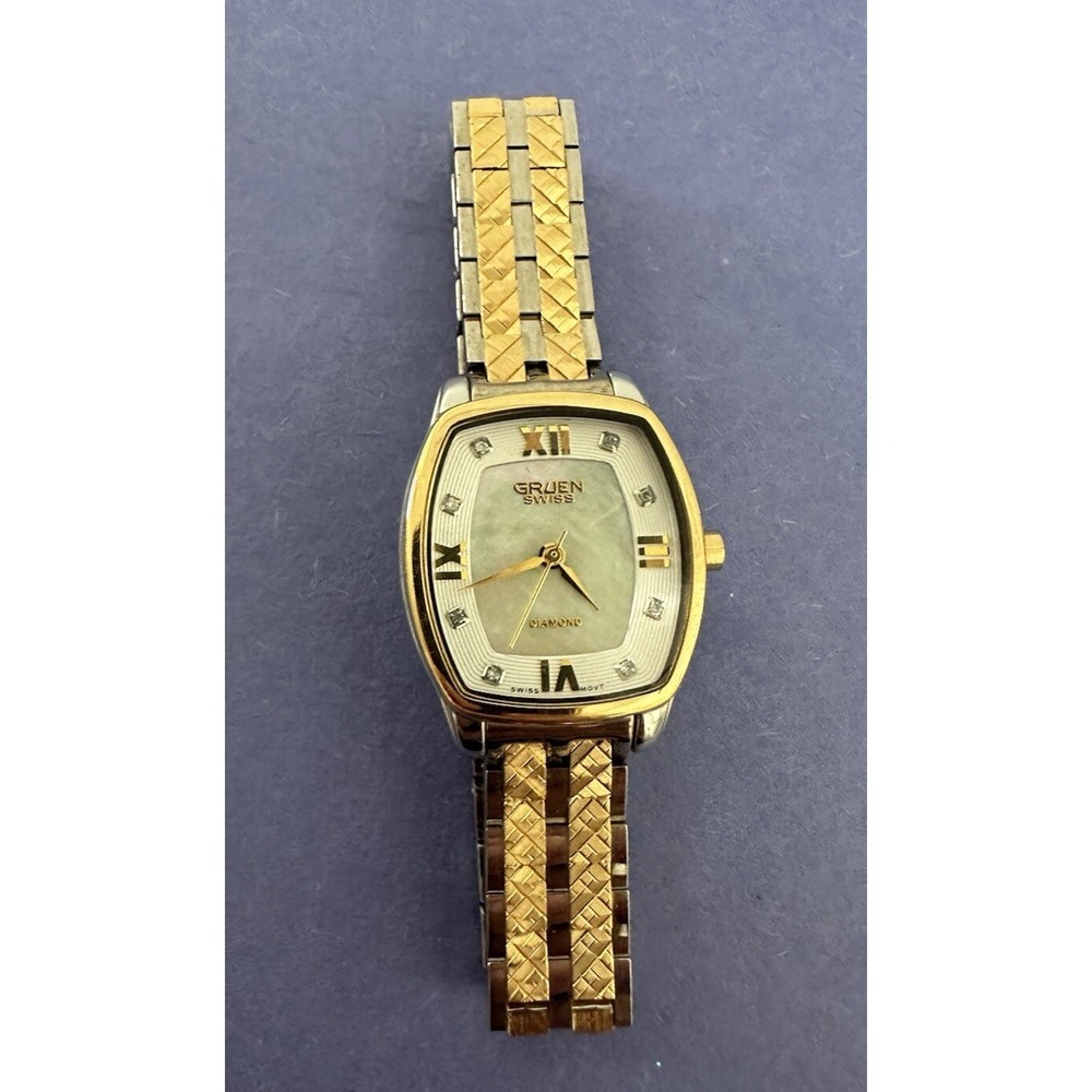 Gruen Watch Mother of Pearl Face‎ Gold Tone Womens Stainless Jewel Needs Battery